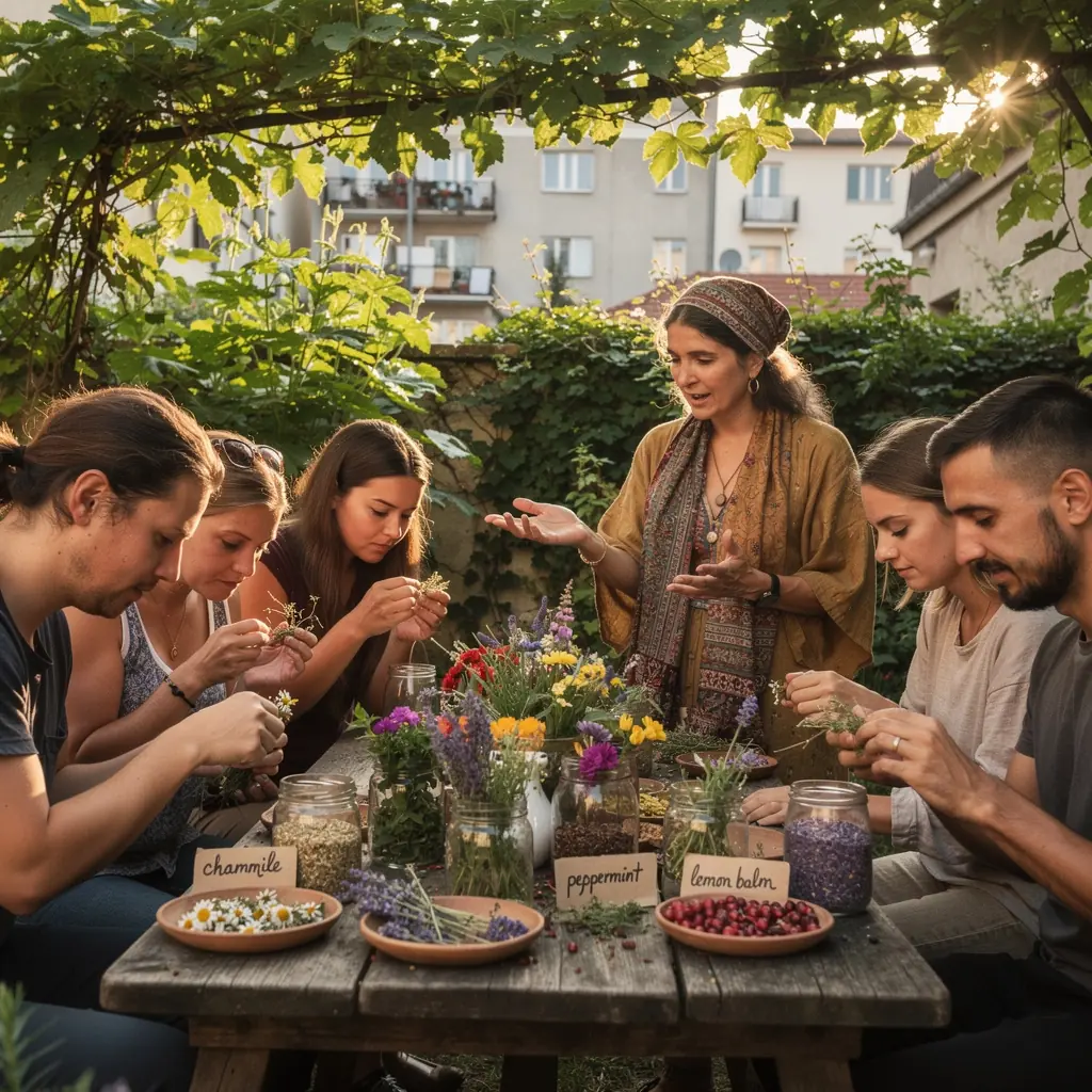 Tradičný čajový rituál so sviečkami a aromatickými bylinkami na stole.