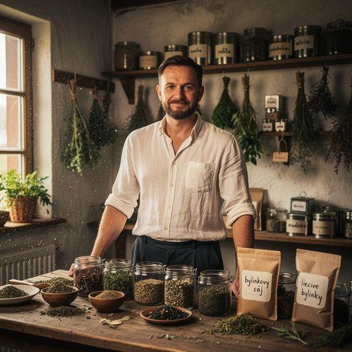 Šálka teplého bylinkového čaju na drevenom stole obklopená prírodnými prvkami.