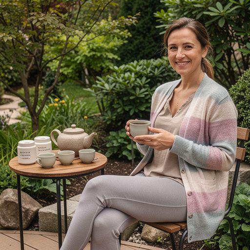 Žena relaxuje s bylinkovým čajom v ruke, zatiaľ čo sedí v pohodlnom kresle.